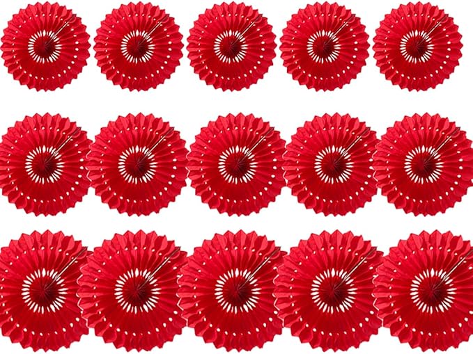 15pcs 6'' 8'' 10'' Red Paper Fans Decorations Round Tissue Paper Fans Hanging by Meeom