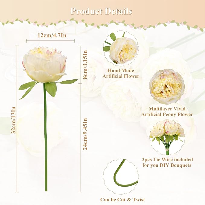 U'Artlines 20 Heads Artificial Peony Silk Flower Leaf Home Office Wedding Party - Image 3