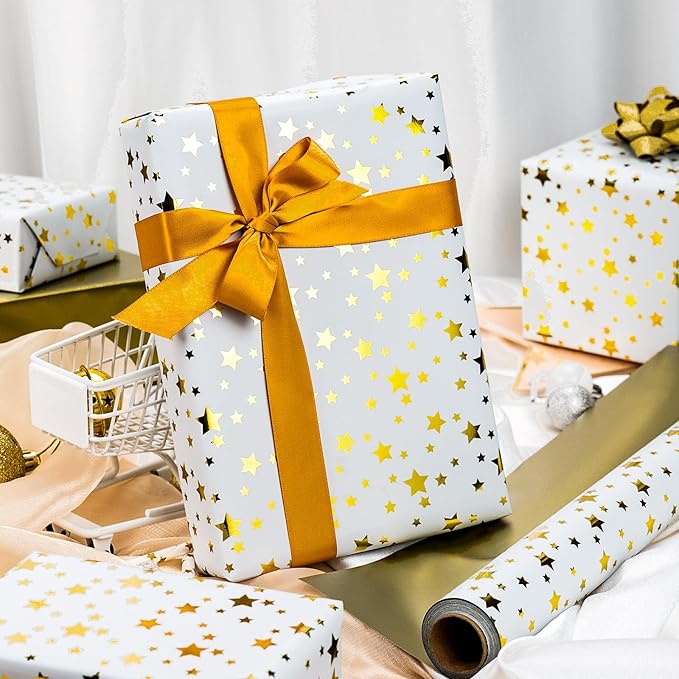 Burymento Gold Foil Five-Pointed Star Wrapping Paper, Reversible Gold Gift Wrap - Image 5