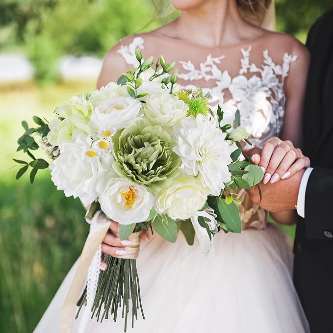 AmyHomie Green White Artificial Flowers Combo Silk Mix Peony Rose Fake Flowers - Image 4