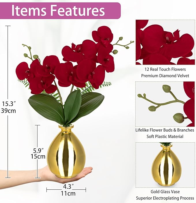 Red Orchids Artificial Flowers, Faux Orchid in Glass Vase Real Touch Small - Image 2
