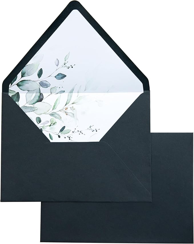 PONATIA 50 PCS A7 Euro Flap Black Envelopes, 5.25 x 7.25'' Green Liner Envelopes by ponatia