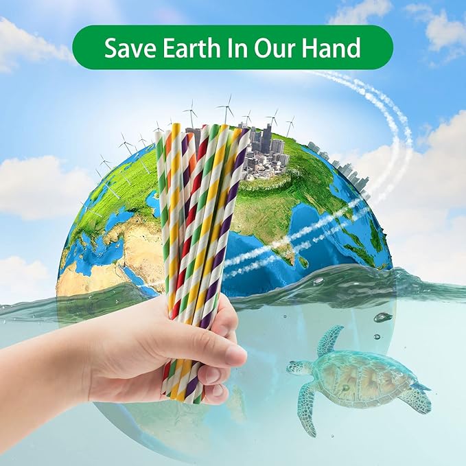Environment Green White Paper Straws Bulk 100, Disposable Green Striped - Image 5