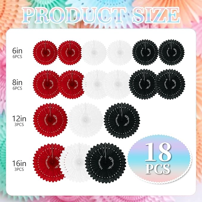 18 Pcs Black Red White Hanging Honeycomb Paper Fans, Round Paper Fan Decorations - Image 2