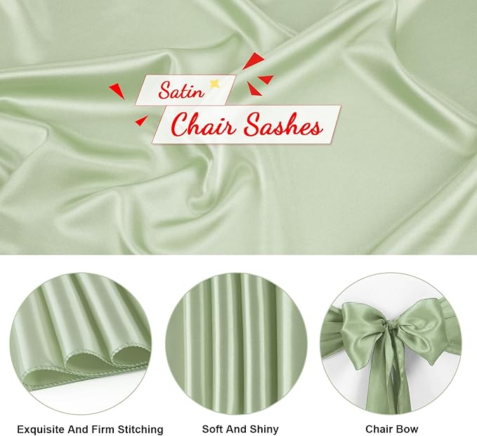 10 PCS Sage Green Satin Chair Sashes Bows Universal Chair Ribbon Ties Back Sash - Image 3