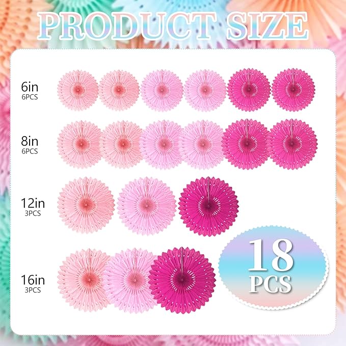 18 Pcs Pink Kit Hanging Honeycomb Paper Fans, Round Paper Fan Decorations - Image 2