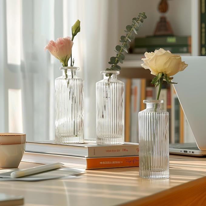 ComSaf Glass Bud Vases Set of 3, Small Flower Vases in Bulk, Mini Ribbed Vases - Image 4