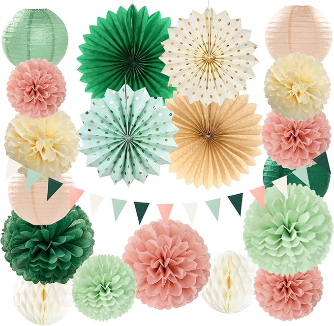 Sage-Green Pink Party-Decorations Paper-Flowers Lanterns by Burgleda