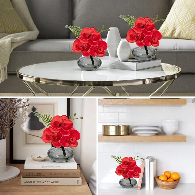 Red Orchids Artificial Flowers Faux Orchids Arrangement in Black Glass Vases - Image 4