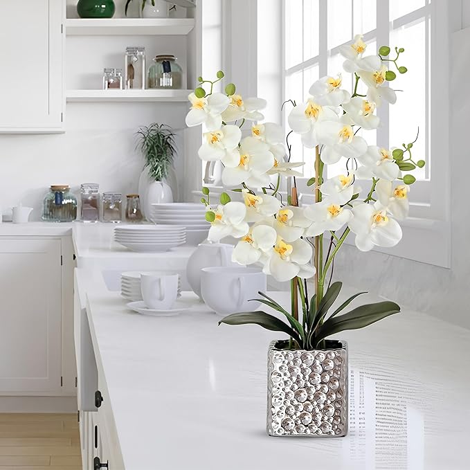 Orchid Artificial Flowers with Sliver Vase Large Silk Faux Phalaenopsis Flowers - Image 5