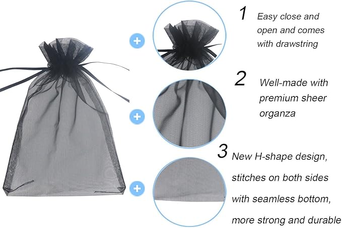 Wudygirl 100pcs Drawstring Organza Bags 5 x 7 Inch Black Transparent Jewelry - Image 2