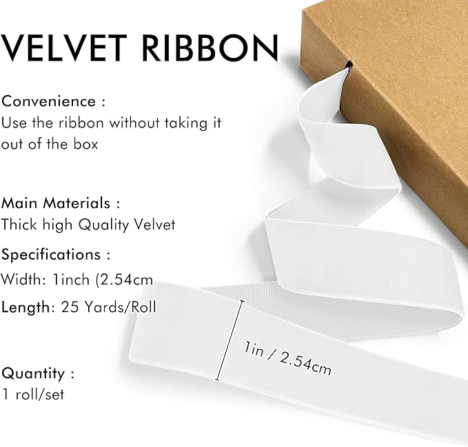 White Velvet Ribbon 1'' 25 Yards - Image 2