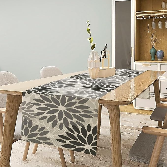 Gray Dahlia Flower Table Runner, Vintage Modern Linen Geometric Pattern Floral - Image 4