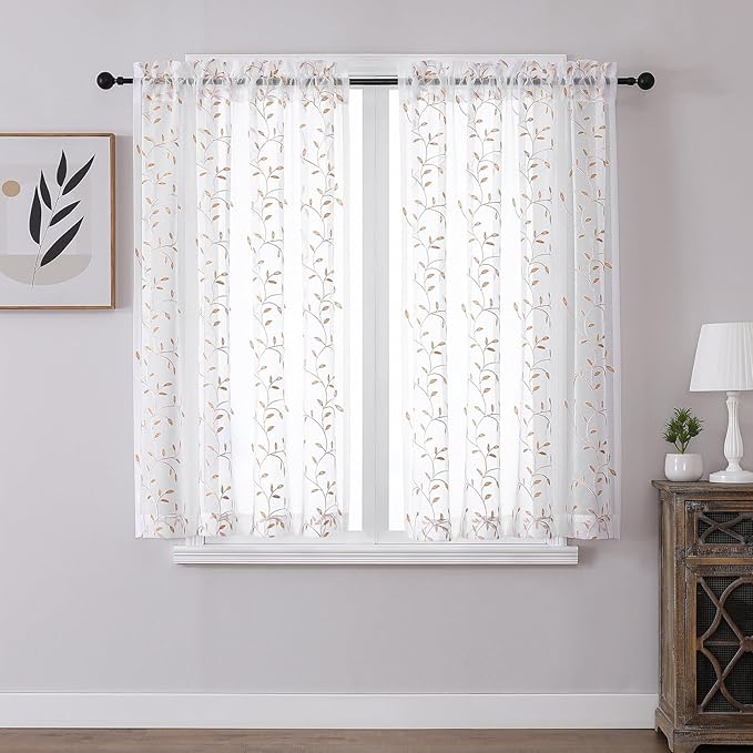 VISIONTEX White Sheer Voile Curtains, Decorative Orange Leaves Embroidery Faux by VISIONTEX