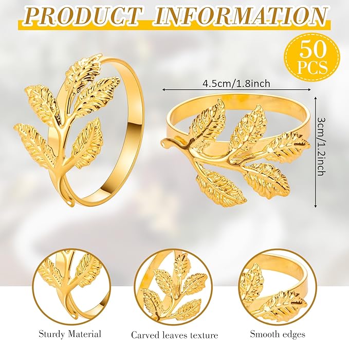 Bokon 50 Pcs Gold Napkin Rings Metal Leaf Napkin Holders Delicate Rings Bulk - Image 2