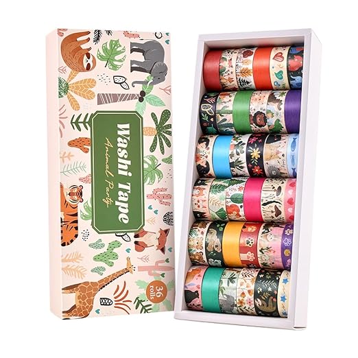 36 Rolls Animal Theme Washi Tape Set, Colorful Cute Adorable Animals Writable by ICCEEMEE