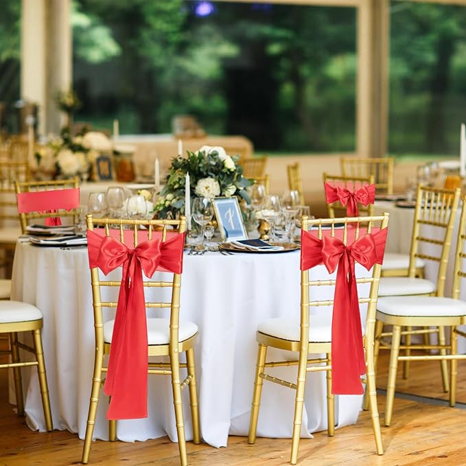 50 PCS Red Satin Chair Sashes Bows Universal Chair Ribbon Ties Back Sash - Image 5
