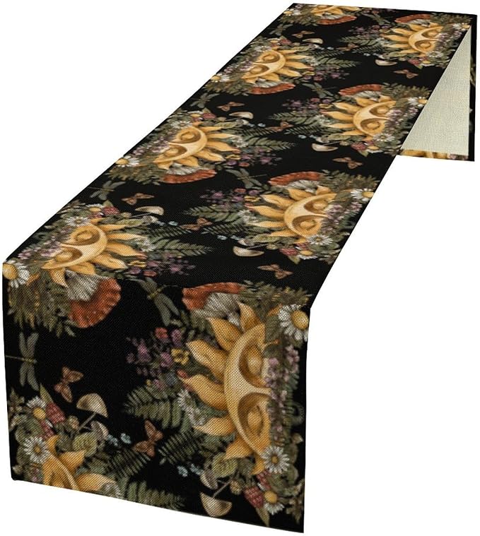 Sun Moon Table Runner, Bohomian Mushroom Daisy Table Gothic Dragonly Butterfly by ShiTingYu
