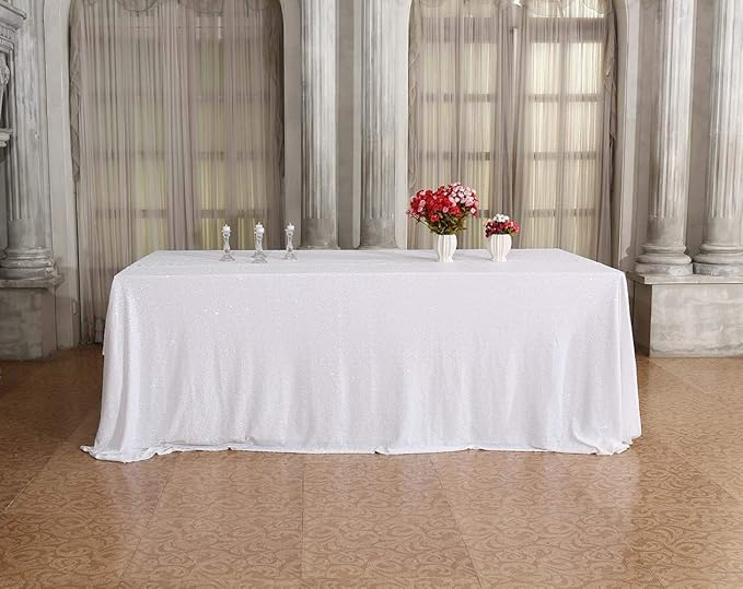 SquarePie Sequin Tablecloth 90 x 132 Inch White Sparkly Table Cloth - Image 2