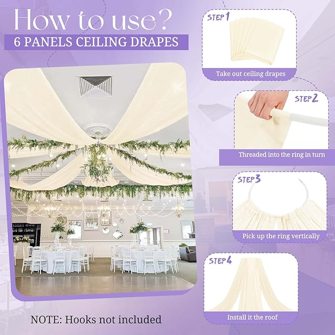 6 Panels Ivory Ceiling Drapes for Wedding, 5ftx40ft Cheesecloth Sheer Fabric - Image 9