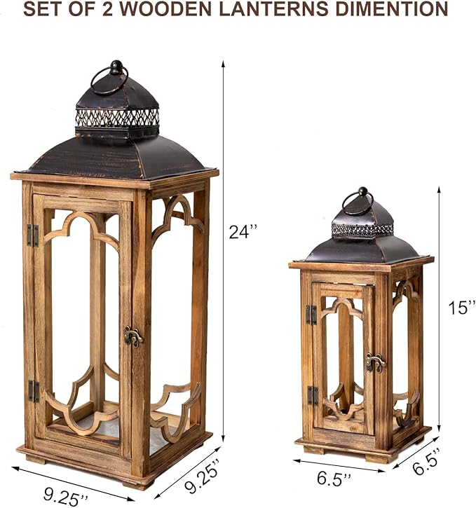 Large Farmhouse Decorative Wooden Lantern Set of 2, Rustic Brown Floor Lanterns - Image 5