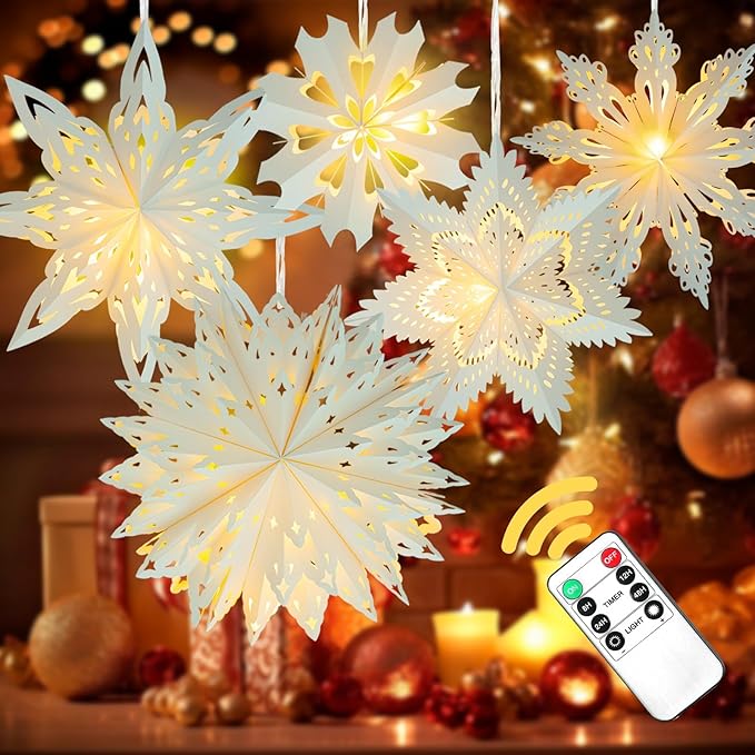 5 Pack Christmas Paper Snowflake Lanterns, Christmas Paper Star Lantern by OuMuaMua