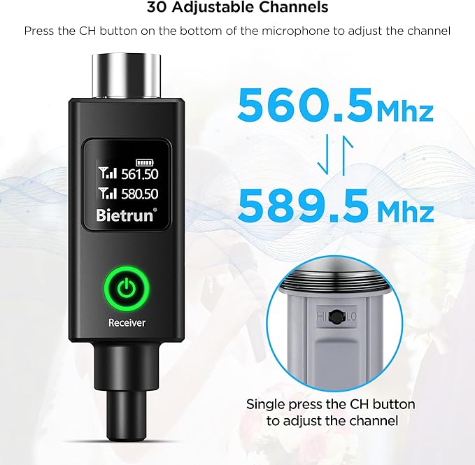 Bietrun XLR Wireless Microphone, UHF Dual Handheld Dynamic Metal Mic Set - Image 7