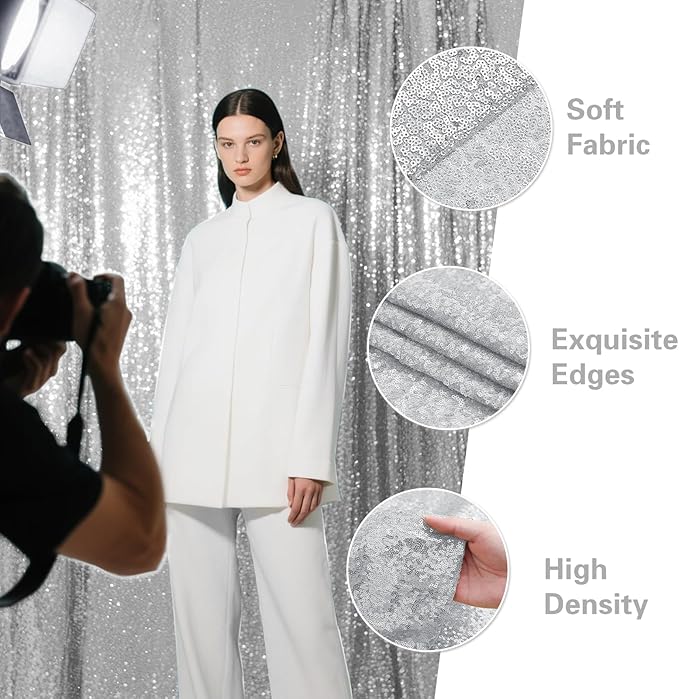 Silver Sequin Backdrop Curtain 2 Pieces 2FTx8FT Glitter Photography Backdrop - Image 5