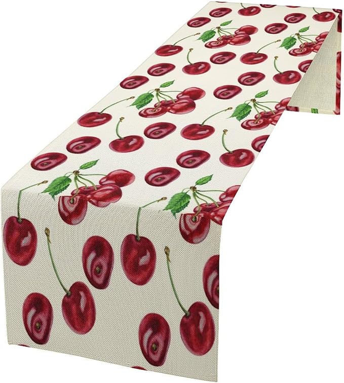 Red Cherry Table Runner Watercolor Tropical Fruit Spring Summer Wild Berry by SHElifestyle