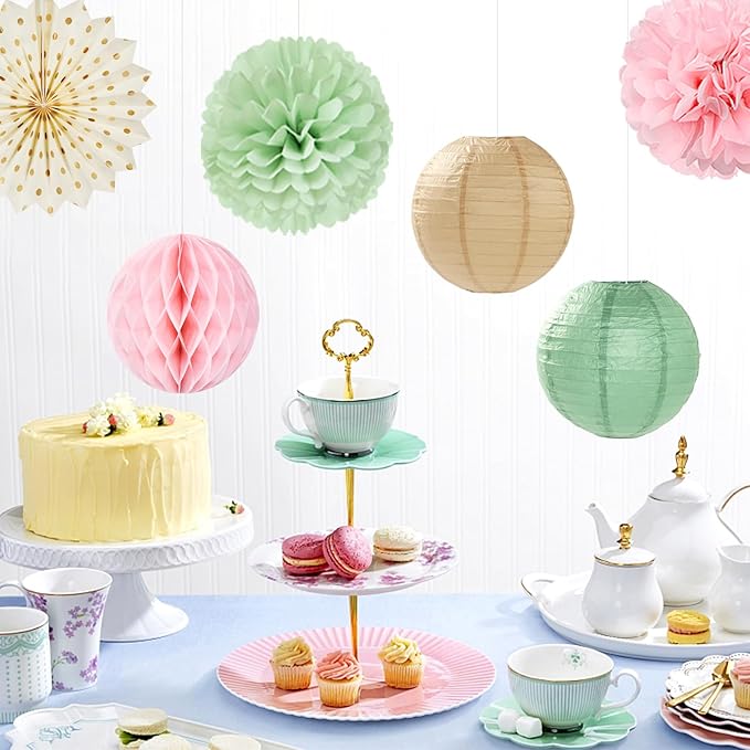 Sage-Green Pink-Champagne Party-Decorations Streamers Lanterns - Image 5