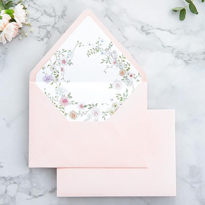 PONATIA 50PCS A7 Euro Flap Envelopes, 5.25 x 7.25'' Blush Pink Flowers Liner - Image 7