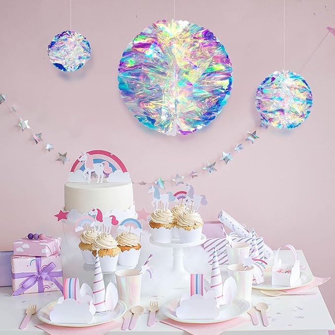 ZYOOO 3pcs Iridescent Honeycomb Balls, Shiny Rainbow Foil Ceiling Hanging - Image 4