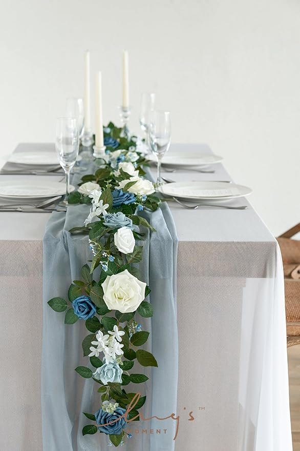 Ling's moment 5FT Dusty Blue Artificial Flower Garland Rose Leaves Floral - Image 2