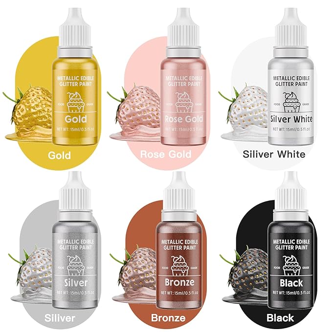 Edible Glitter Paint Set- 6 Color Food Coloring Metallic Glitter Paint - Image 3