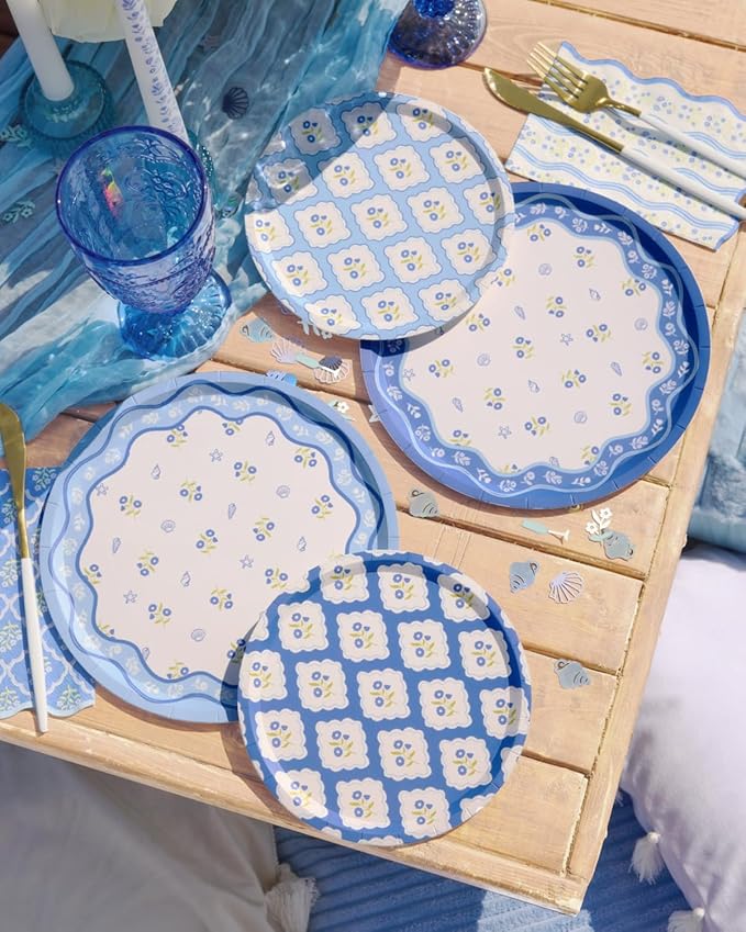 xo, Fetti Blue Coastal Paper Plates | 32 pcs, 2 sizes | Nautical Bachelorette - Image 6