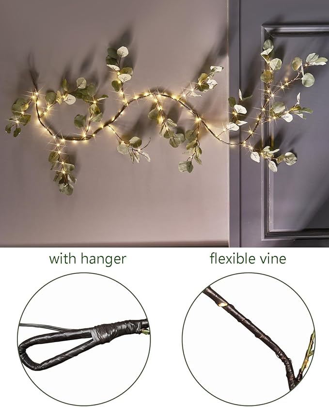 Fudios Lighted Twig Eucalyptus Garland 6FT 96 Warm White LED Battery Operated - Image 6