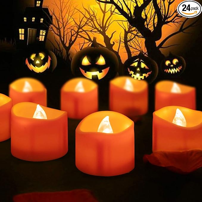 BEICHI 24 Pack Halloween Tea Lights, Realistic Orange Tea Candles, Battery by BEICHI