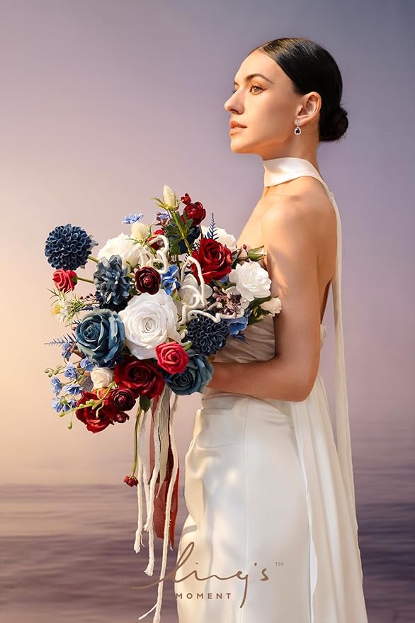 Ling's Moment Navy Blue Red Bridal Bouquet - Image 2