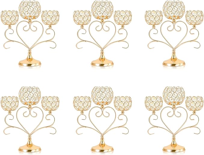 6 Pcs Gold 3-Arm Heart Tea Light Candle Holder by kehail