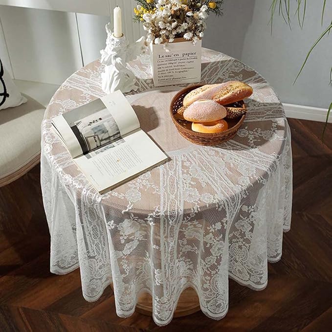 Vintage 60 inch White Lace Tablecloth Floral Embroidered Boho Shabby Chic Small - Image 2