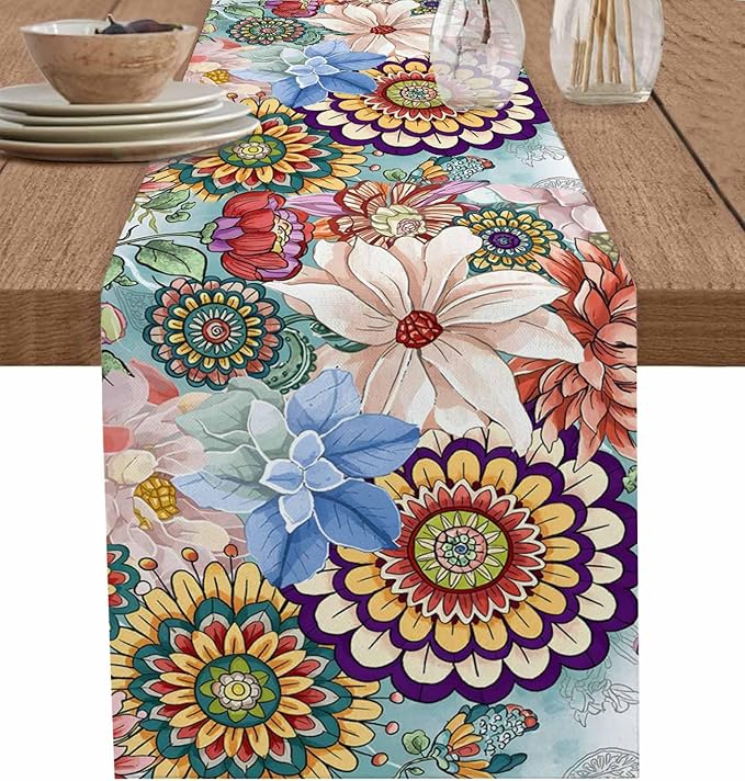 Boho Flowers Cotton Linen Table Runner by Unknown