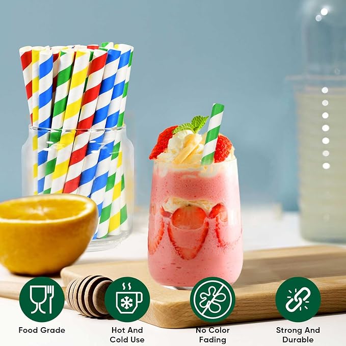 Chunspak 6" Short Fat Colorful Striped Paper Drinking Straws Disposable 100 - Image 3