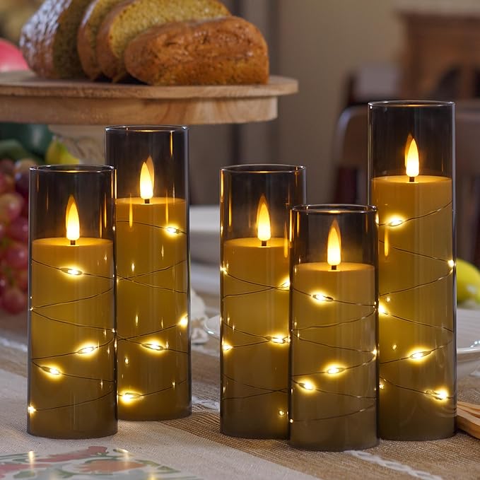Grey Flameless Candles with Remote and String Light, 2.2"x 5" - Image 6