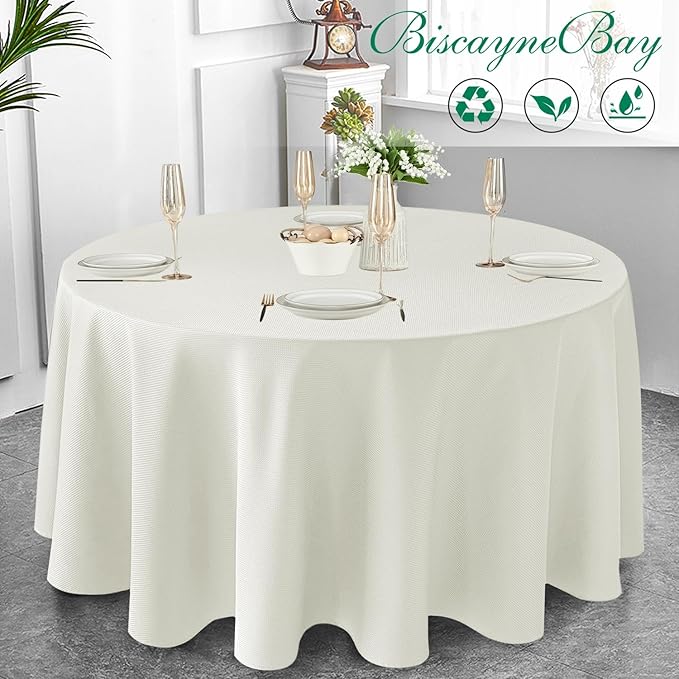 Biscaynebay Textured Fabric Round Tablecloths 90", Ivory Water Resistant - Image 7