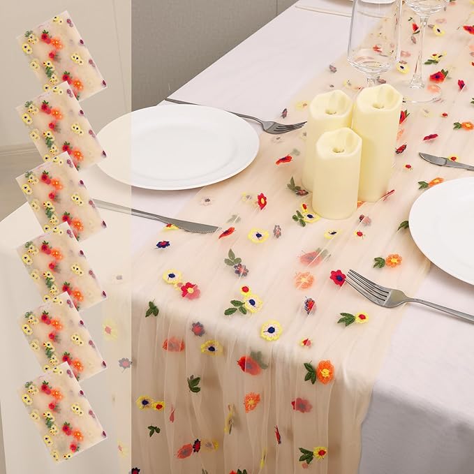 6PCS Champagne Floral Table Runner 10 FT, Embroidery Daisy Table Runners by Hugestar