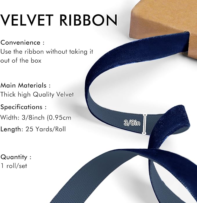 Navy Blue Velvet Ribbon 3/8'' 25 Yards - Image 2