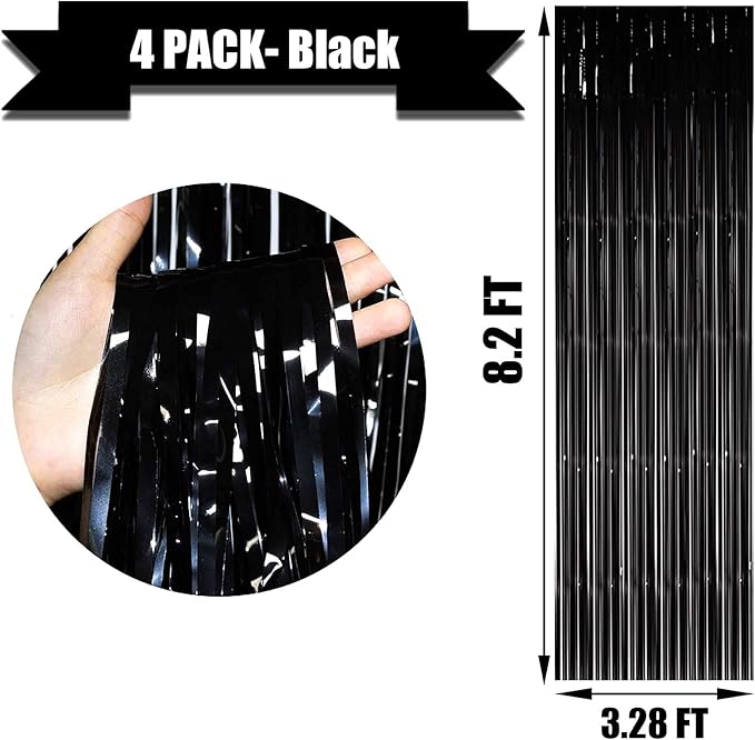 4 Pack Black Foil Fringe Curtain Backdrop, 3.28Ft x 8.2Ft Metallic Tinsel - Image 2