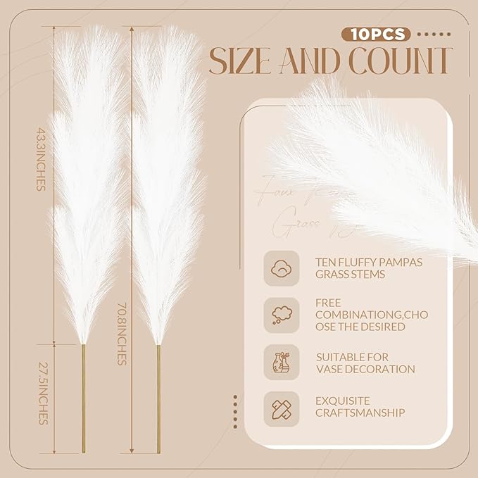 Zeyune 10 Pcs 71'' Large Faux Pampas Grass Decor Tall Artificial Pompous Grass - Image 2