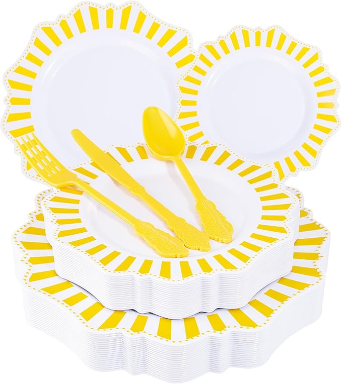 COLOSUS 150pcs Disposable White Lemon Yellow Striped Plastic Party Plates and by COLOSUS