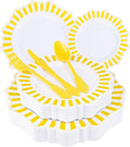 COLOSUS 150pcs Disposable White Lemon Yellow Striped Plastic Party Plates and by COLOSUS